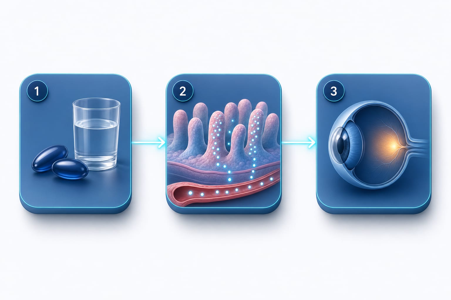 Esquema en tres pasos de la absorción de OptiPills: toma con comida, paso a sangre y llegada a la retina