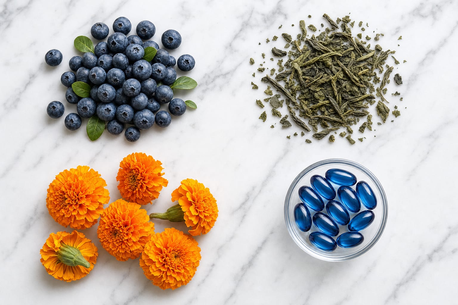 Ingredientes de OptiPills: arándanos, hojas de té verde y flores de Tagetes, fuente de luteína