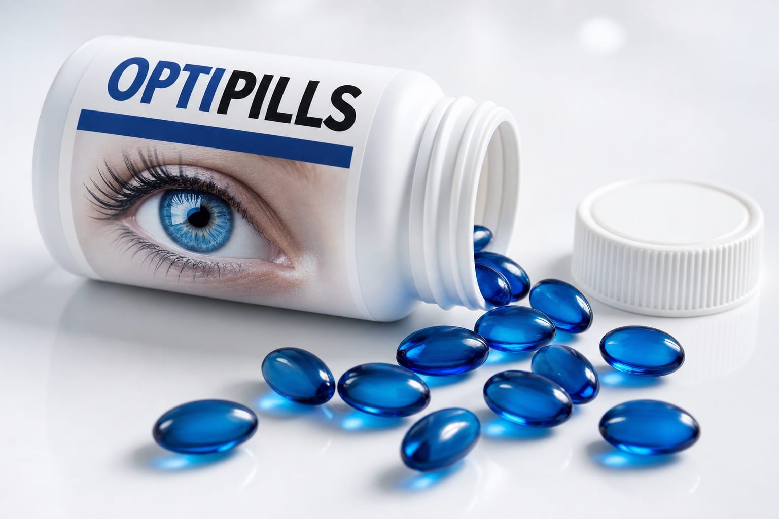 Cápsulas de OptiPills de 500 mg fuera del bote sobre superficie blanca