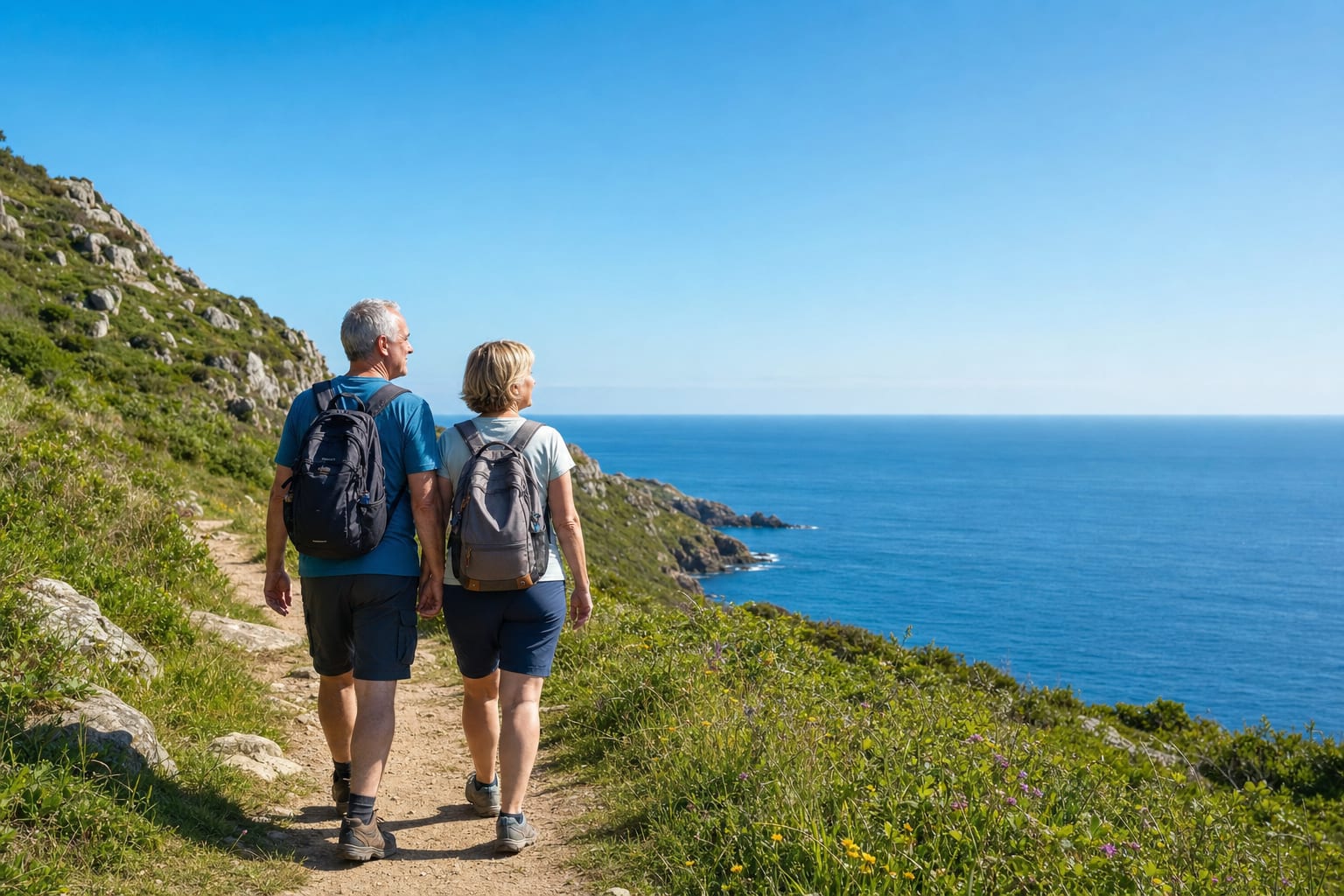 Pareja de unos 60 años mirando el horizonte con nitidez en un paseo costero