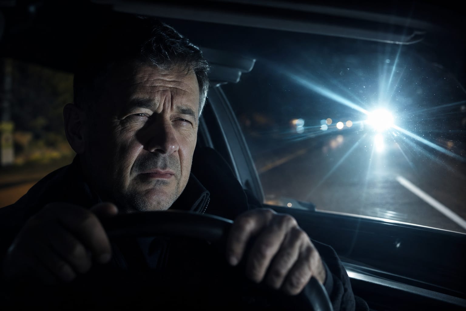 Conductor de unos 55 años deslumbrado por los faros de un coche de frente en carretera nocturna