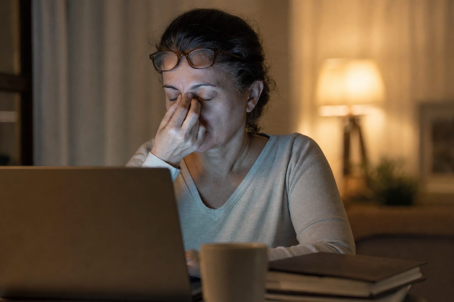 Mujer de unos 50 años frente al portátil por la noche, frotándose los ojos por la fatiga visual