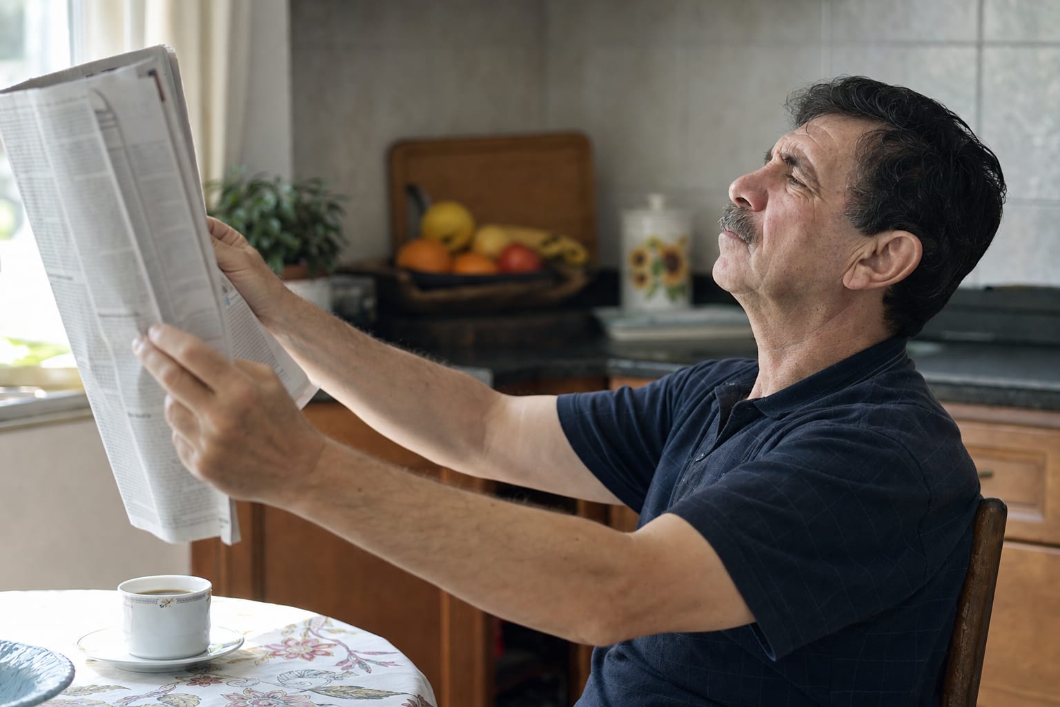 Hombre de unos 60 años alejando el periódico para poder leer la letra pequeña